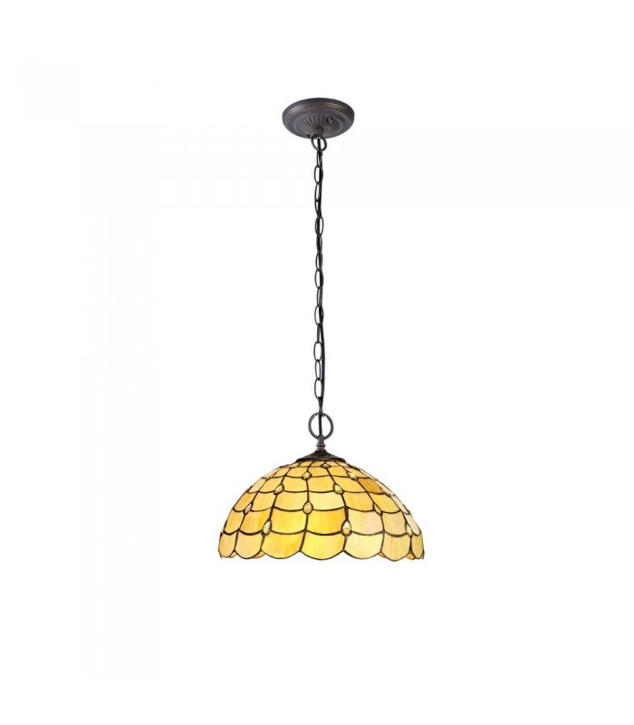 2 Light Downlighter Ceiling Pendant E27 With 40cm Tiffany Shade, Beige, Clear Crystal, Aged Antique Brass - 1