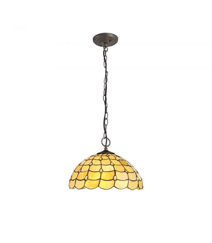 3 Light Downlighter Ceiling Pendant E27 With 40cm Tiffany Shade, Beige, Clear Crystal, Aged Antique Brass - 1