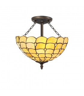 3 Light Semi Flush Ceiling E27 With 40cm Tiffany Shade, Beige, Clear Crystal, Aged Antique Brass - 1