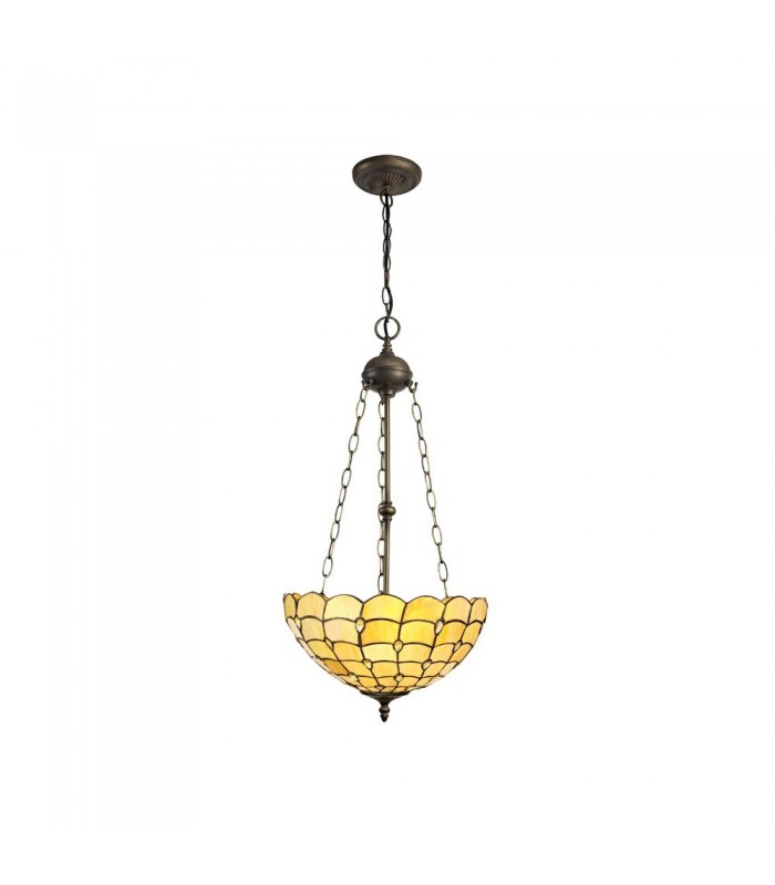 3 Light Uplighter Ceiling Pendant E27 With 40cm Tiffany Shade, Beige, Clear Crystal, Aged Antique Brass - 1