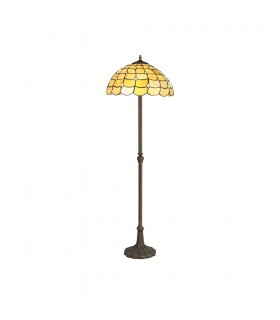 2 Light Leaf Design Floor Lamp E27 With 40cm Tiffany Shade, Beige, Clear Crystal, Aged Antique Brass - 1