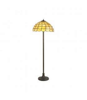 2 Light Stepped Design Floor Lamp E27 With 40cm Tiffany Shade, Beige, Clear Crystal, Aged Antique Brass - 1