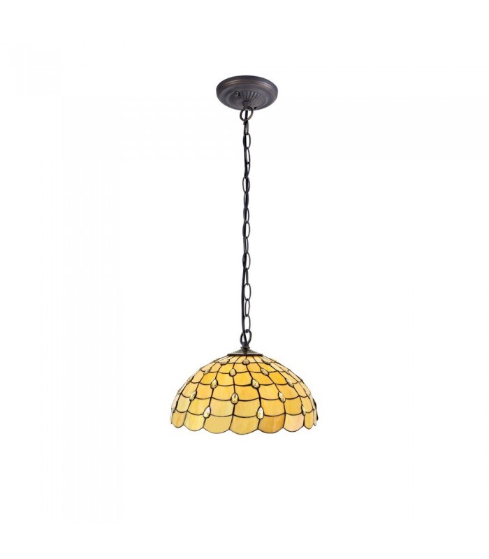 1 Light Downlighter Ceiling Pendant E27 With 50cm Tiffany Shade, Beige, Clear Crystal, Aged Antique Brass - 1