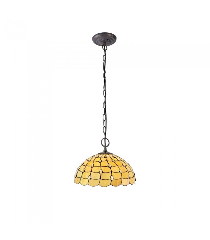 2 Light Downlighter Ceiling Pendant E27 With 50cm Tiffany Shade, Beige, Clear Crystal, Aged Antique Brass - 1