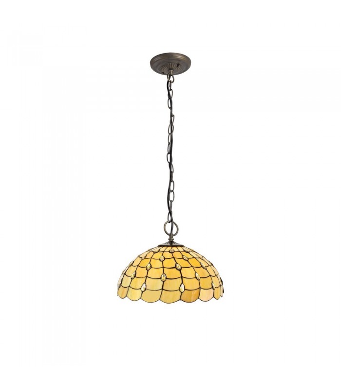 3 Light Downlighter Ceiling Pendant E27 With 50cm Tiffany Shade, Beige, Clear Crystal, Aged Antique Brass - 1