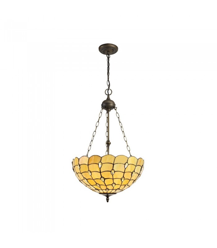 3 Light Uplighter Ceiling Pendant E27 With 50cm Tiffany Shade, Beige, Clear Crystal, Aged Antique Brass - 1