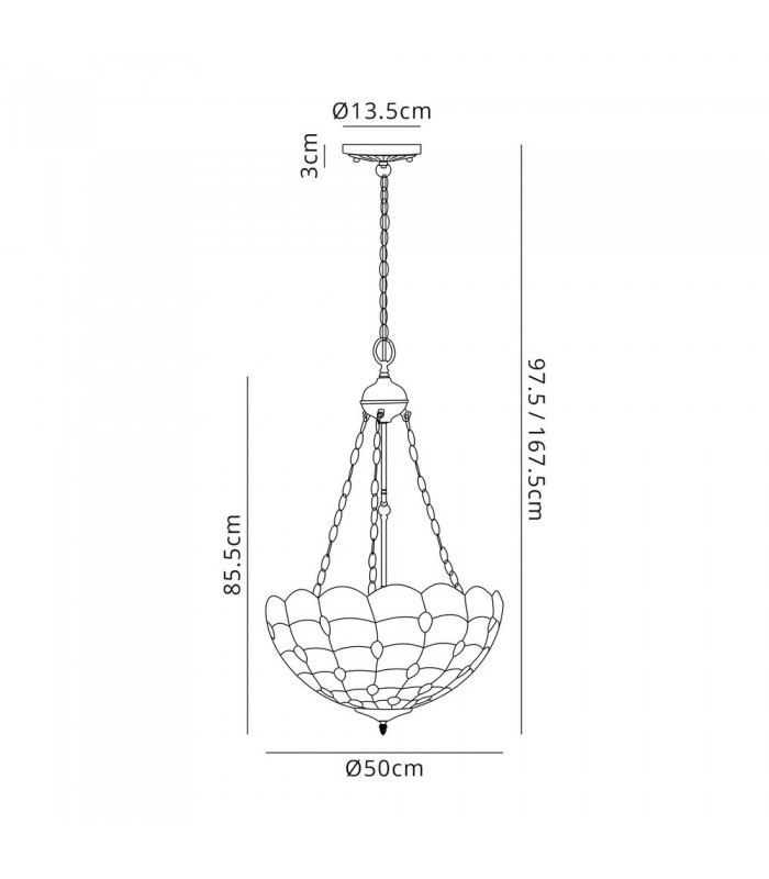 3 Light Uplighter Ceiling Pendant E27 With 50cm Tiffany Shade, Beige, Clear Crystal, Aged Antique Brass - 2