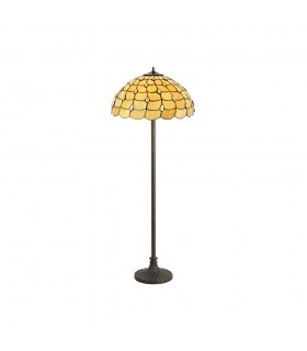 2 Light Stepped Design Floor Lamp E27 With 50cm Tiffany Shade, Beige, Clear Crystal, Aged Antique Brass - 1