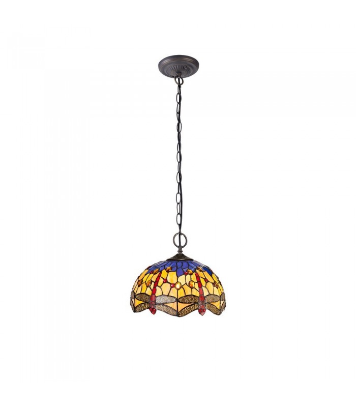 2 Light Downlighter Ceiling Pendant E27 With 30cm Tiffany Shade, Blue, Orange, Crystal, Aged Antique Brass - 1