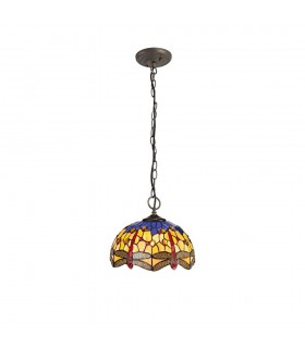 3 Light Downlighter Ceiling Pendant E27 With 30cm Tiffany Shade, Blue, Orange, Crystal, Aged Antique Brass - 1