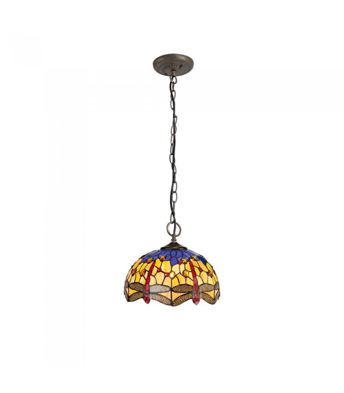 3 Light Downlighter Ceiling Pendant E27 With 30cm Tiffany Shade, Blue, Orange, Crystal, Aged Antique Brass - 1