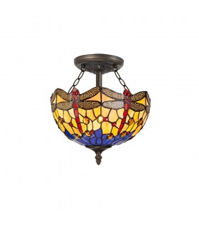 2 Light Semi Flush Ceiling E27 With 30cm Tiffany Shade, Blue, Orange, Crystal, Aged Antique Brass - 1