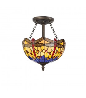 3 Light Semi Flush Ceiling E27 With 30cm Tiffany Shade, Blue, Orange, Crystal, Aged Antique Brass - 1