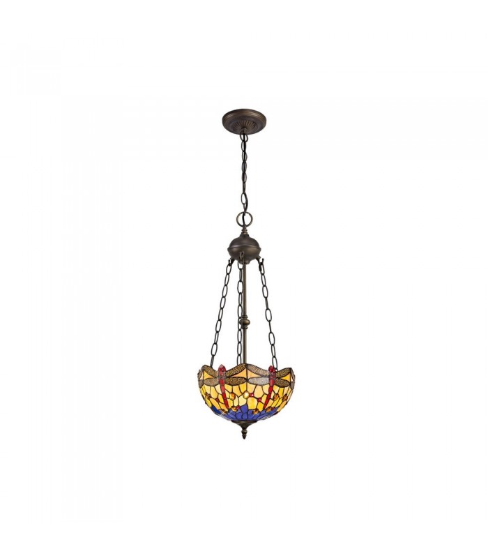 2 Light Uplighter Ceiling Pendant E27 With 30cm Tiffany Shade, Blue, Orange, Crystal, Aged Antique Brass - 1