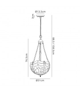 3 Light Uplighter Ceiling Pendant E27 With 30cm Tiffany Shade, Blue, Orange, Crystal, Aged Antique Brass - 2