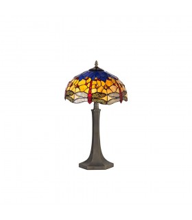 2 Light Octagonal Table Lamp E27 With 40cm Tiffany Shade, Blue, Orange, Crystal, Aged Antique Brass - 1
