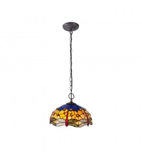 2 Light Downlighter Ceiling Pendant E27 With 40cm Tiffany Shade, Blue, Orange, Crystal, Aged Antique Brass - 1