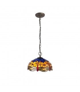 3 Light Downlighter Ceiling Pendant E27 With 40cm Tiffany Shade, Blue, Orange, Crystal, Aged Antique Brass - 1