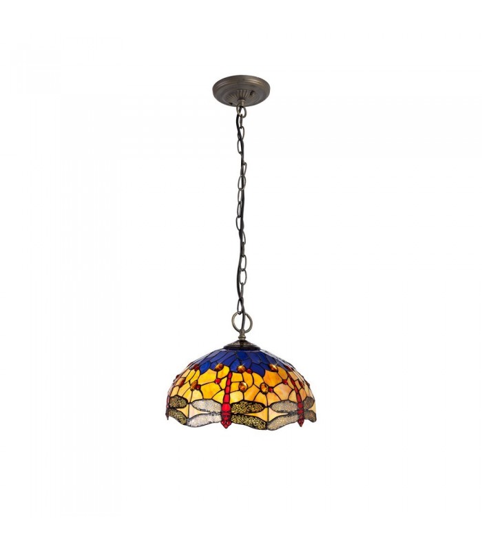 3 Light Downlighter Ceiling Pendant E27 With 40cm Tiffany Shade, Blue, Orange, Crystal, Aged Antique Brass - 1