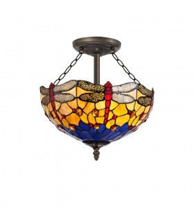 3 Light Semi Flush Ceiling E27 With 40cm Tiffany Shade, Blue, Orange, Crystal, Aged Antique Brass - 1