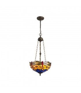 3 Light Uplighter Ceiling Pendant E27 With 40cm Tiffany Shade, Blue, Orange, Crystal, Aged Antique Brass - 1
