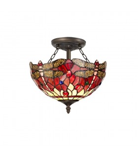 2 Light Semi Flush Ceiling E27 With 30cm Tiffany Shade, Purple, Pink, Crystal, Aged Antique Brass - 1