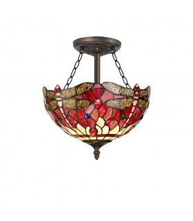 3 Light Semi Flush Ceiling E27 With 30cm Tiffany Shade, Purple, Pink, Crystal, Aged Antique Brass - 1
