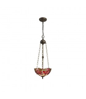 3 Light Uplighter Ceiling Pendant E27 With 30cm Tiffany Shade, Purple, Pink, Crystal, Aged Antique Brass - 1
