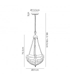 3 Light Uplighter Ceiling Pendant E27 With 30cm Tiffany Shade, Purple, Pink, Crystal, Aged Antique Brass - 2