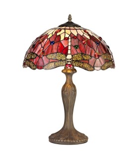 2 Light Curved Table Lamp E27 With 40cm Tiffany Shade, Purple, Pink, Crystal, Aged Antique Brass - 1