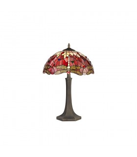 2 Light Octagonal Table Lamp E27 With 40cm Tiffany Shade, Purple, Pink, Crystal, Aged Antique Brass - 1