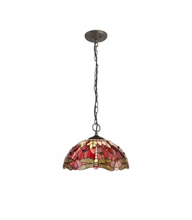 3 Light Downlighter Ceiling Pendant E27 With 40cm Tiffany Shade, Purple, Pink, Crystal, Aged Antique Brass - 1