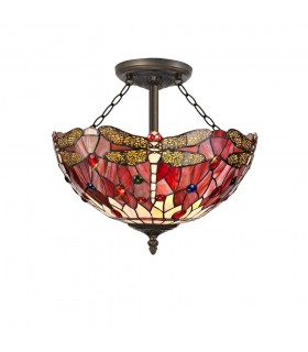 3 Light Semi Flush Ceiling E27 With 40cm Tiffany Shade, Purple, Pink, Crystal, Aged Antique Brass - 1