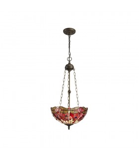 3 Light Uplighter Ceiling Pendant E27 With 40cm Tiffany Shade, Purple, Pink, Crystal, Aged Antique Brass - 1