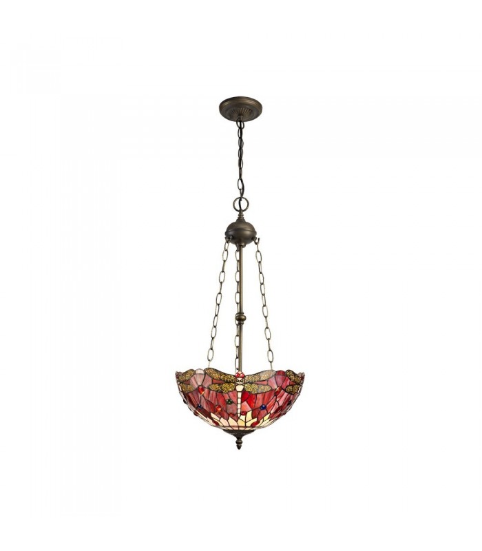 3 Light Uplighter Ceiling Pendant E27 With 40cm Tiffany Shade, Purple, Pink, Crystal, Aged Antique Brass - 1