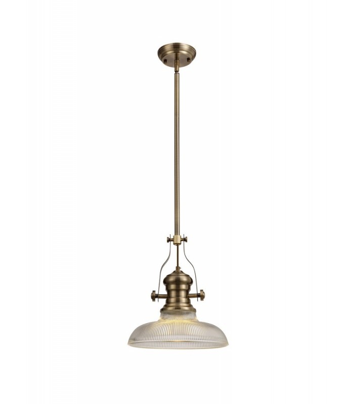 Telescopic Dome Ceiling Pendant E27 With 30cm Round Glass Shade, Antique Brass, Clear - 1