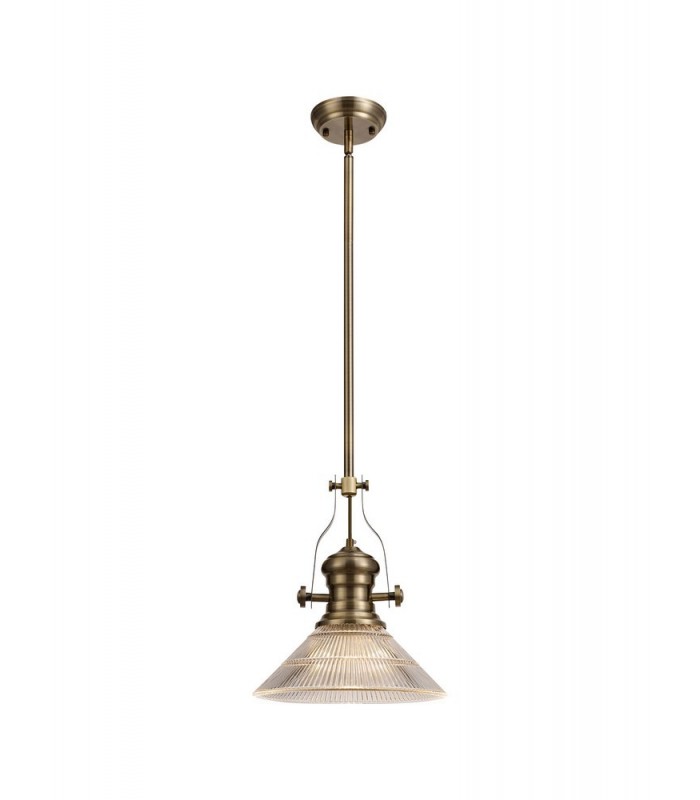 Telescopic Dome Ceiling Pendant E27 With 30cm Cone Glass Shade, Antique Brass, Clear - 1