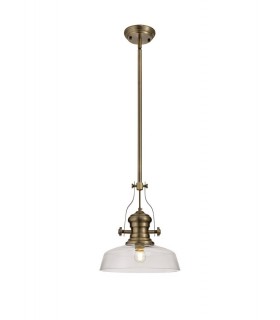 Telescopic Dome Ceiling Pendant E27 With 30cm Flat Round Glass Shade, Antique Brass, Clear - 1