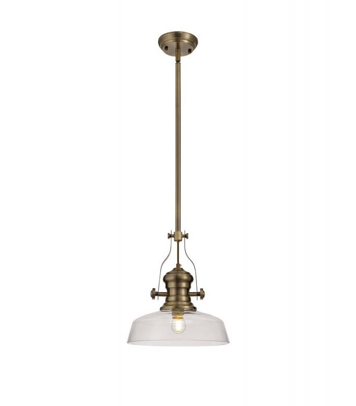 Telescopic Dome Ceiling Pendant E27 With 30cm Flat Round Glass Shade, Antique Brass, Clear - 1