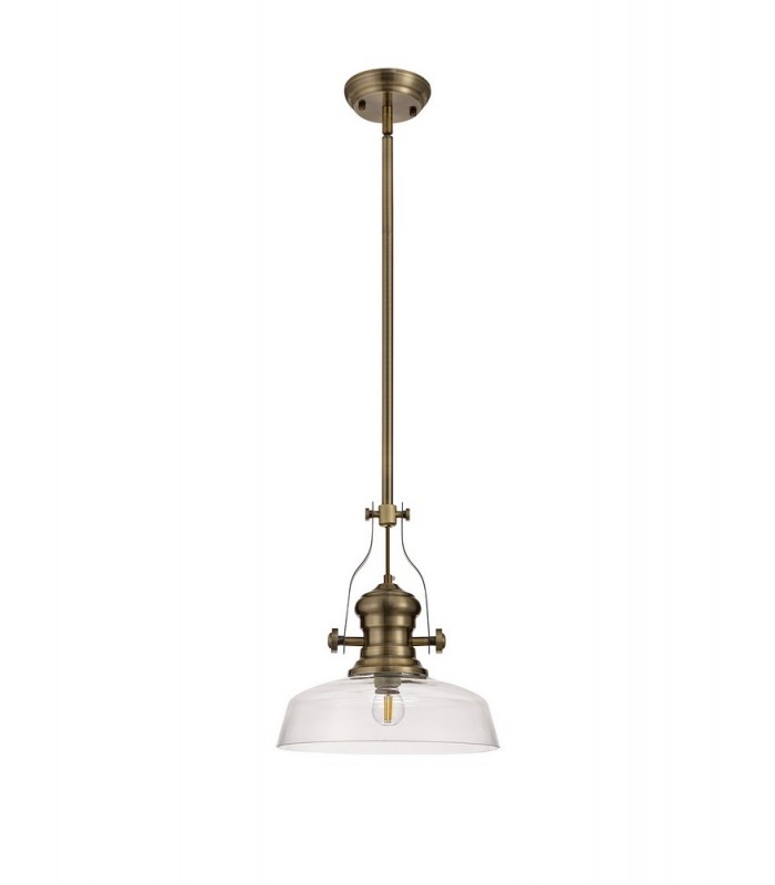 Telescopic Dome Ceiling Pendant E27 With 30cm Flat Round Glass Shade, Antique Brass, Clear - 3