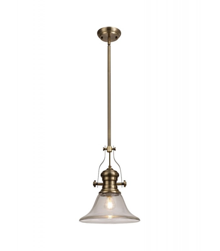 Telescopic Dome Ceiling Pendant E27 With 30cm Smooth Bell Glass Shade, Antique Brass, Clear - 1