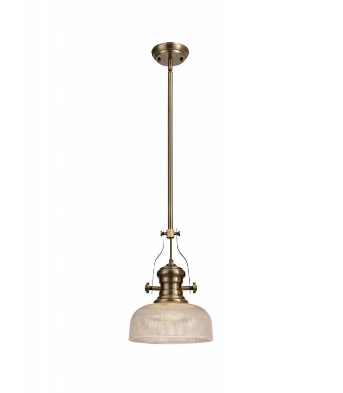 Telescopic Dome Ceiling Pendant E27 With 26.5cm Prismatic Glass Shade, Antique Brass, Clear - 1
