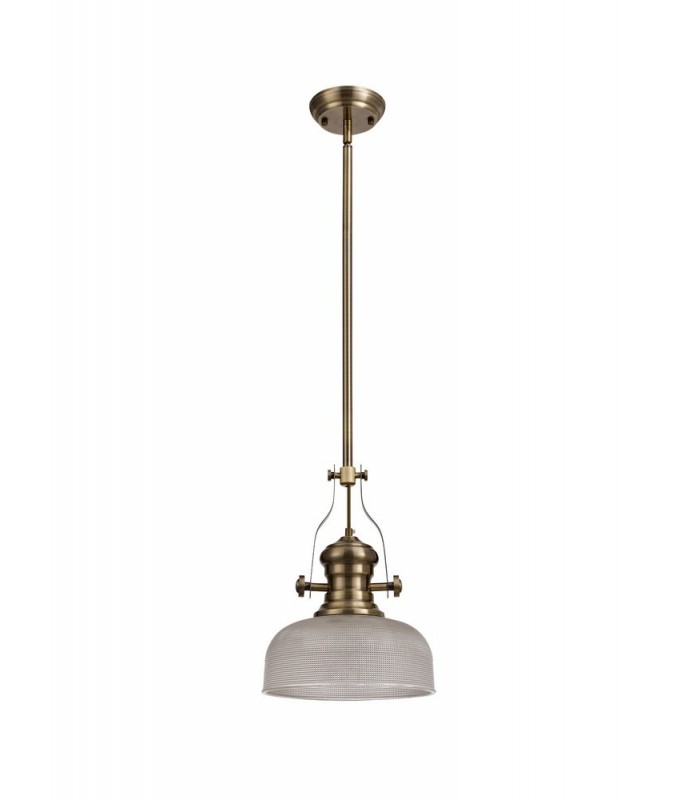 Telescopic Dome Ceiling Pendant E27 With 26.5cm Prismatic Glass Shade, Antique Brass, Clear - 3
