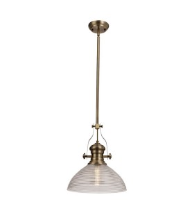 Telescopic Dome Ceiling Pendant E27 With 33.5cm Prismatic Glass Shade, Antique Brass, Clear - 1