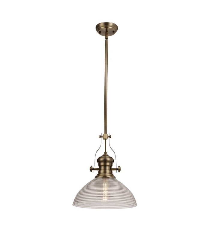 Telescopic Dome Ceiling Pendant E27 With 33.5cm Prismatic Glass Shade, Antique Brass, Clear - 1