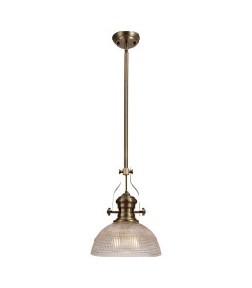Telescopic Dome Ceiling Pendant E27 With 30cm Prismatic Glass Shade, Antique Brass, Clear - 1