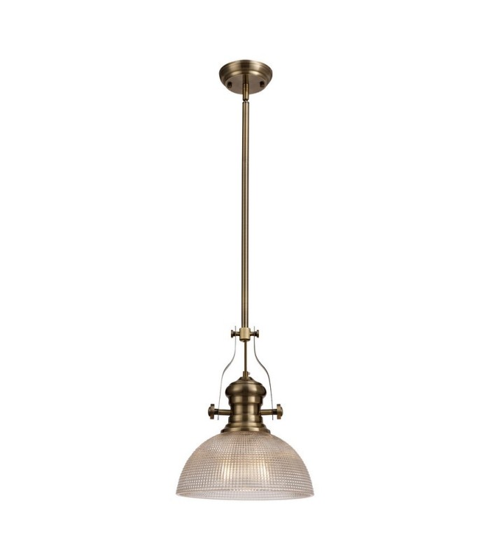 Telescopic Dome Ceiling Pendant E27 With 30cm Prismatic Glass Shade, Antique Brass, Clear - 1