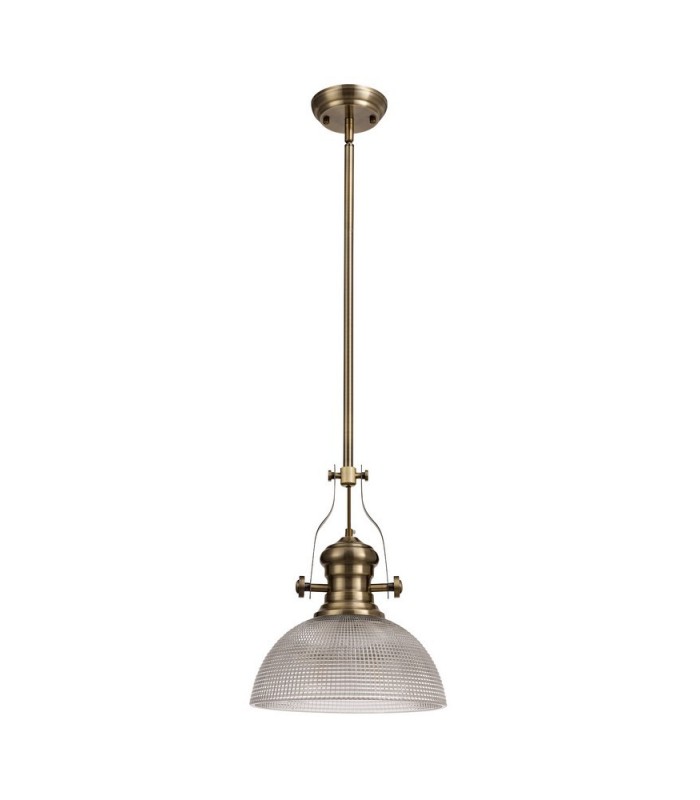 Telescopic Dome Ceiling Pendant E27 With 30cm Prismatic Glass Shade, Antique Brass, Clear - 3