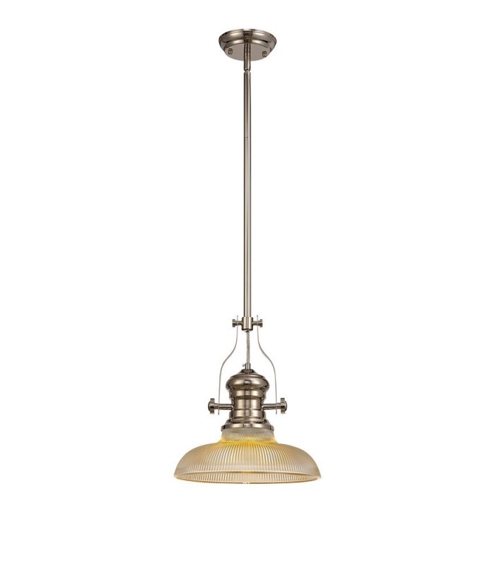 Telescopic Dome Ceiling Pendant E27 With 30cm Round Glass Shade, Polished Nickel, Amber - 1