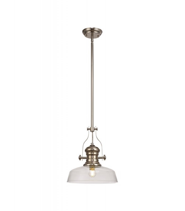 Telescopic Dome Ceiling Pendant E27 With 30cm Flat Round Glass Shade, Polished Nickel, Clear - 1